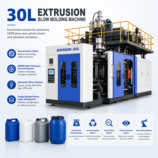 Máquina de moldeo por extrusión y soplado de 30 litros: una solución económica para la producción de bidones y tambores de HDPE